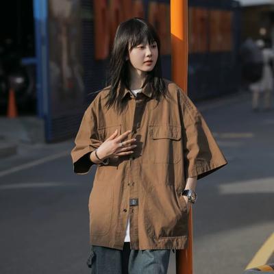 Damen Retro-Stil Workwear Kurzarmhemd Sommer Einfarbig Locker Atmungsaktiv Mehrere Taschen Halbarmhemd