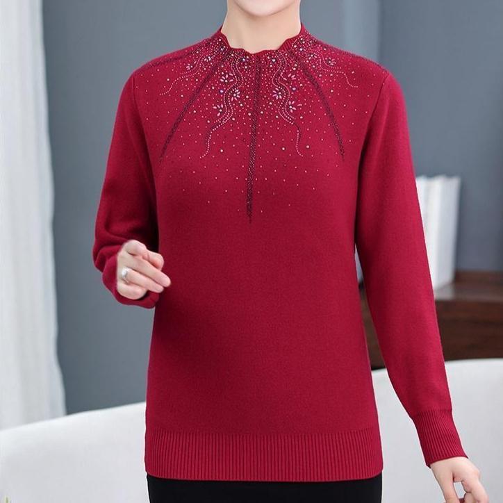 Women's Plus Size Sweater Winter Half-Turtleneck Solid Color Rhinestone Knit Pullover Sweater