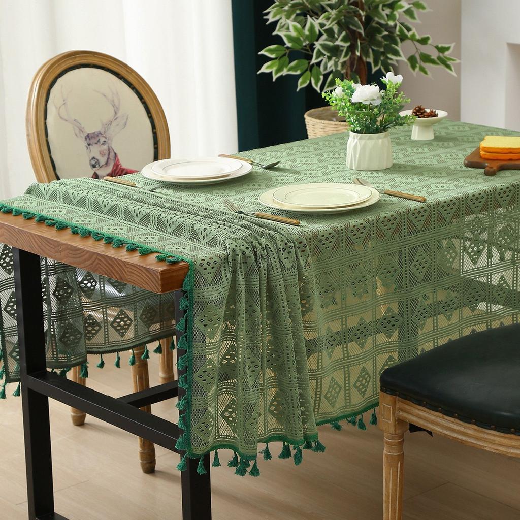 Green Hollow Tablecloth Retro Fabric Dining Table Cloth Tea Table Cover Cloth Rectangular Tablecloth