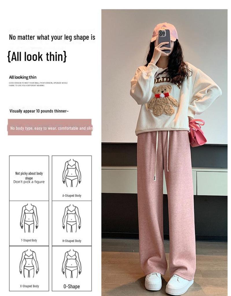 Women's High-Waist Fleece-Lined Wide-Leg Pants - Soft, Knitted, Loose-Fit for Autumn/Winter.