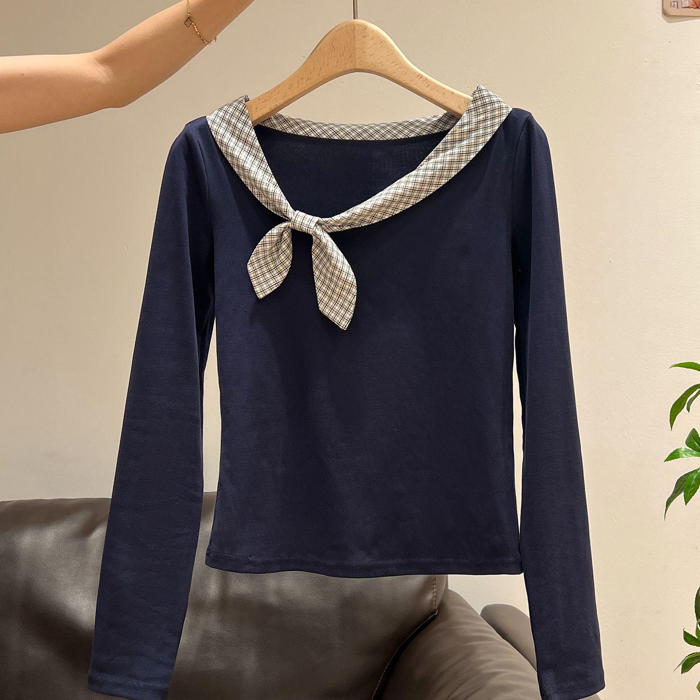 

Navy Blue Rabbit Ear Tie Long Sleeve T-Shirt for Female Students - Versatile Early Autumn Uniform Top L (105-115 jin) темно-синий