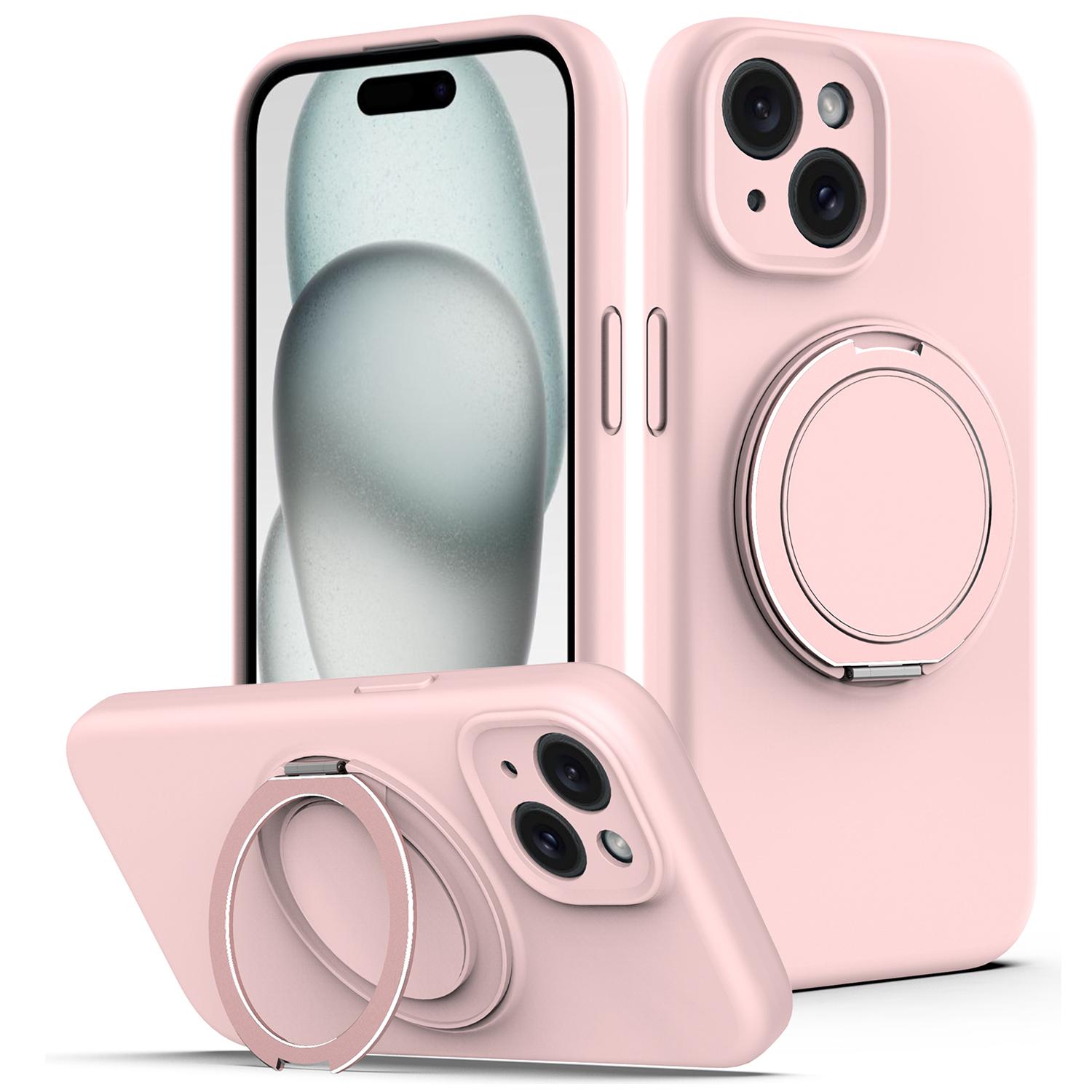 

For iPhone 15 Case Compatible with MagSafe Rotating Metal Kickstand PC+Silicone Phone Cover Pink