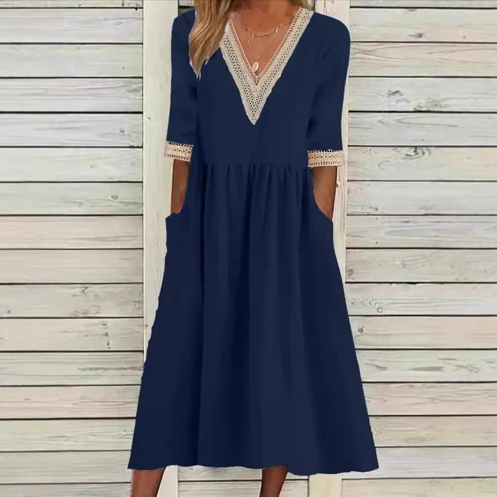 Cotton Linen Midi Dress With Ruffle Details For Office Women