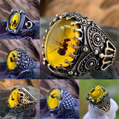 New Vintage Large Oval Natural Agate Stone Rings Men's Vintage Inlaid Yellow Amber Ant Rings for Wedding High Quality