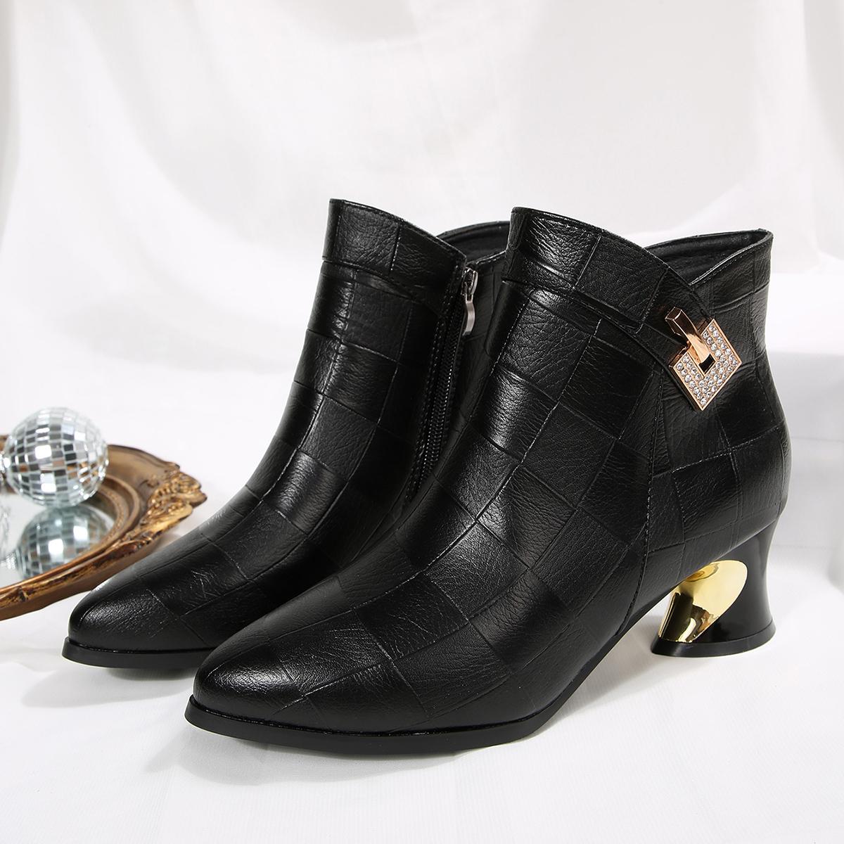 

Черные клетчатые кожаные ботильоны Модные Милые Боковая молния Комфортные Осенне-зимние Женские туфли на высоком каблуке Botas Femininas 35