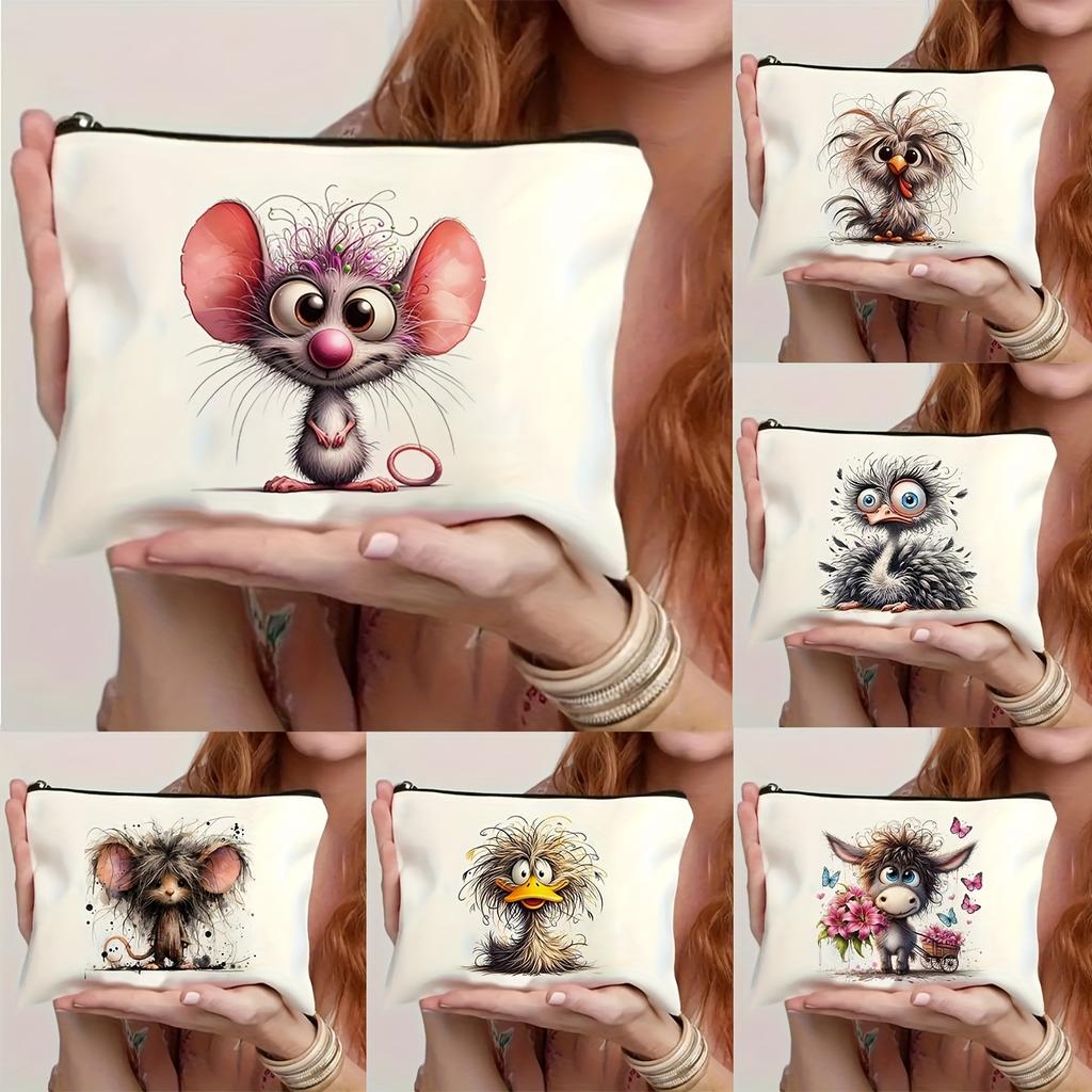 Cute Cartoon Animal Design Cosmetic Pouch,Zippered Makeup Bag, Casual Large Capacity Travel Toiletry Organizer Bags