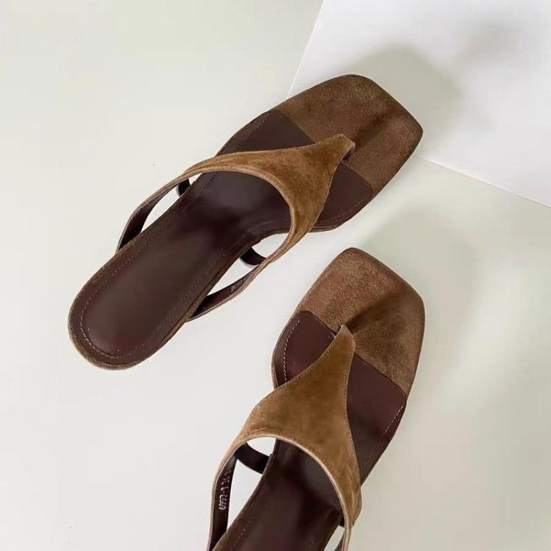 Fashion Fashion Clip-Toe Flip-Flops Summer New Square Toe Open Toe Suede Non-Slip Wear-Resistant Slide Slippers