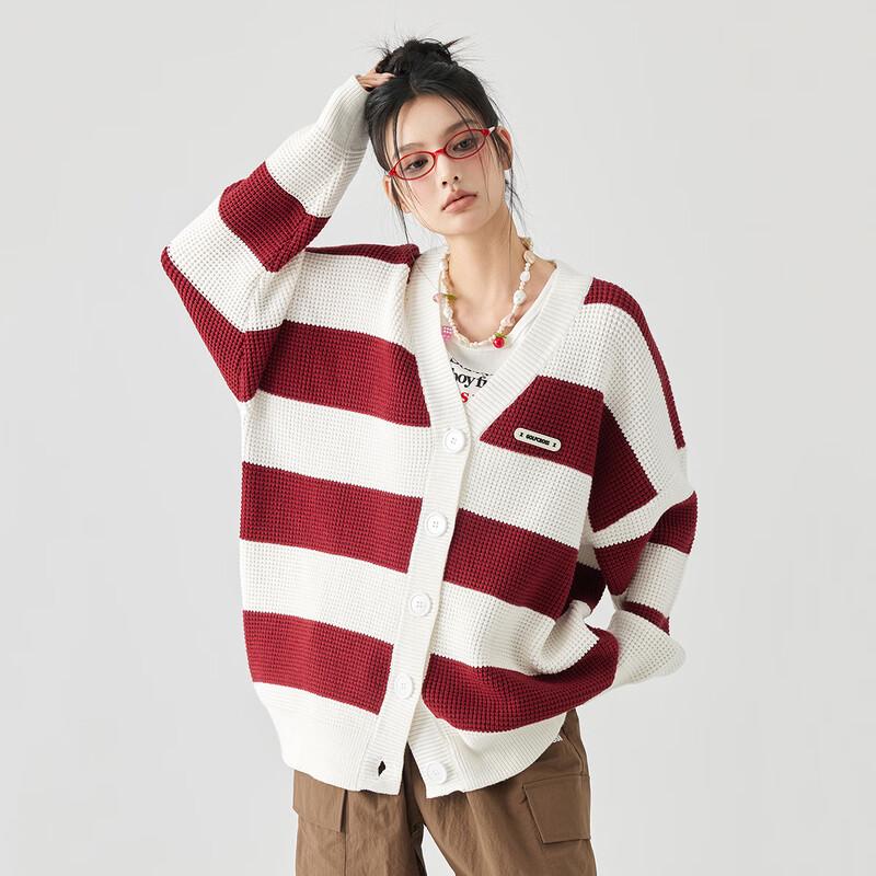 GOLFCROSS Unisex Striped V-Neck Oversized Knitted Cardigan
