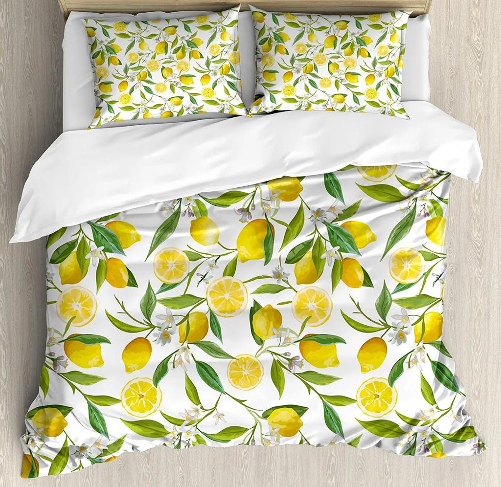 3pcs Bedding Set Plant Lemon Flowers White Home Textile Duvet Cover Pillow Case Boy Kid Teen Girl Bedding Covers Set