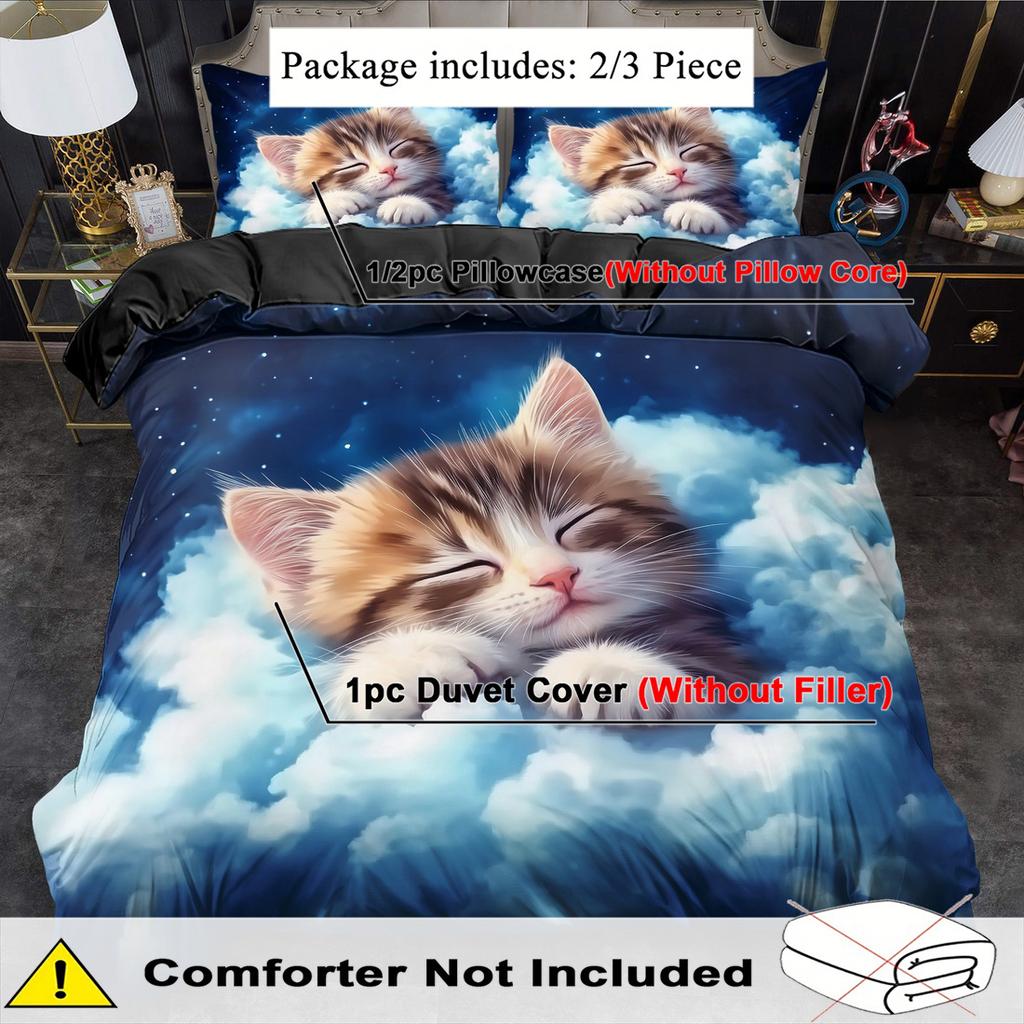 Comforter 2/3Pcs Set Cartoon Animal Cat Printed King Queen Style Bedding Set Polyester Machine Washable