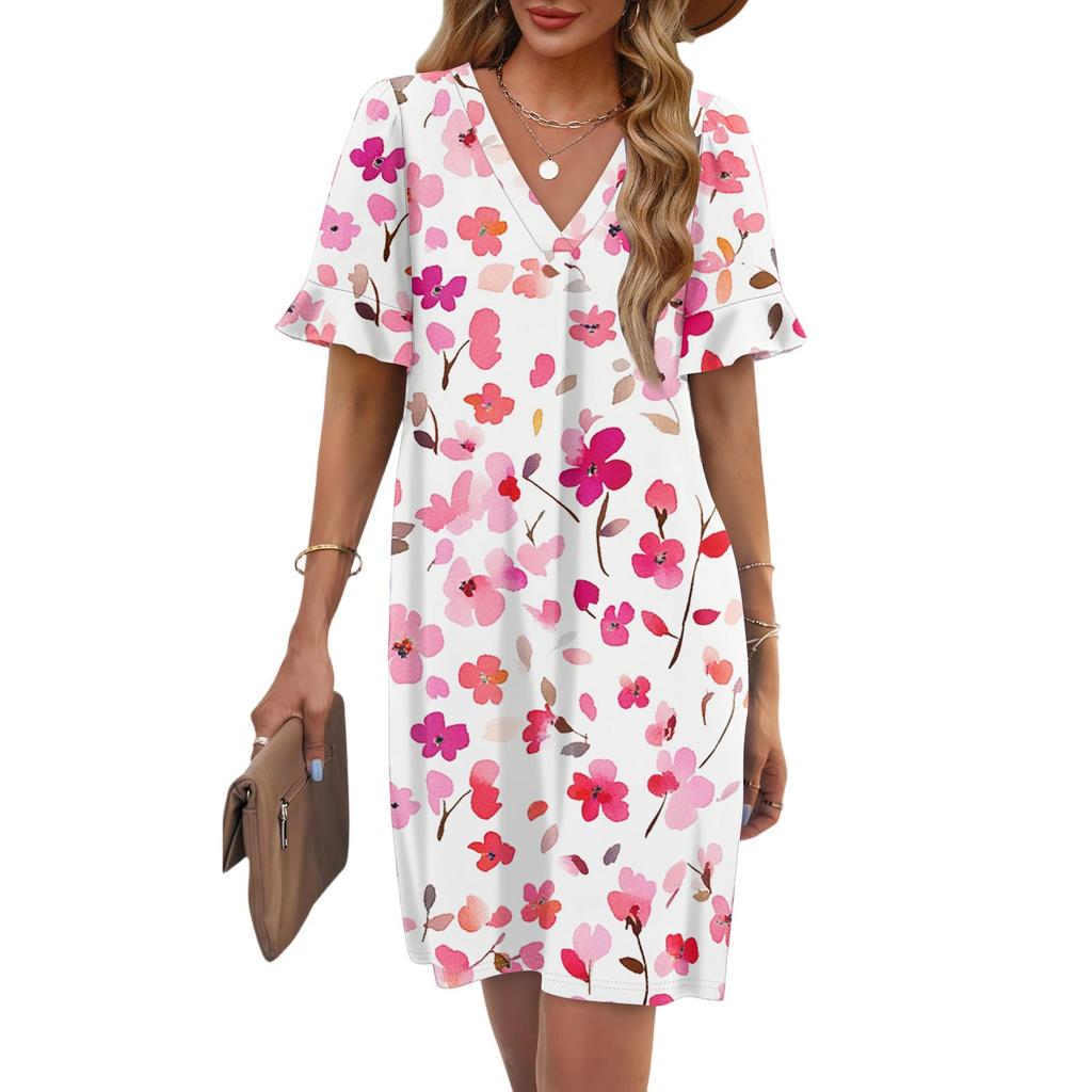 Women's Summer Floral Print Dress Pleated Short Sleeve V-Neck Pocket Casual Dress