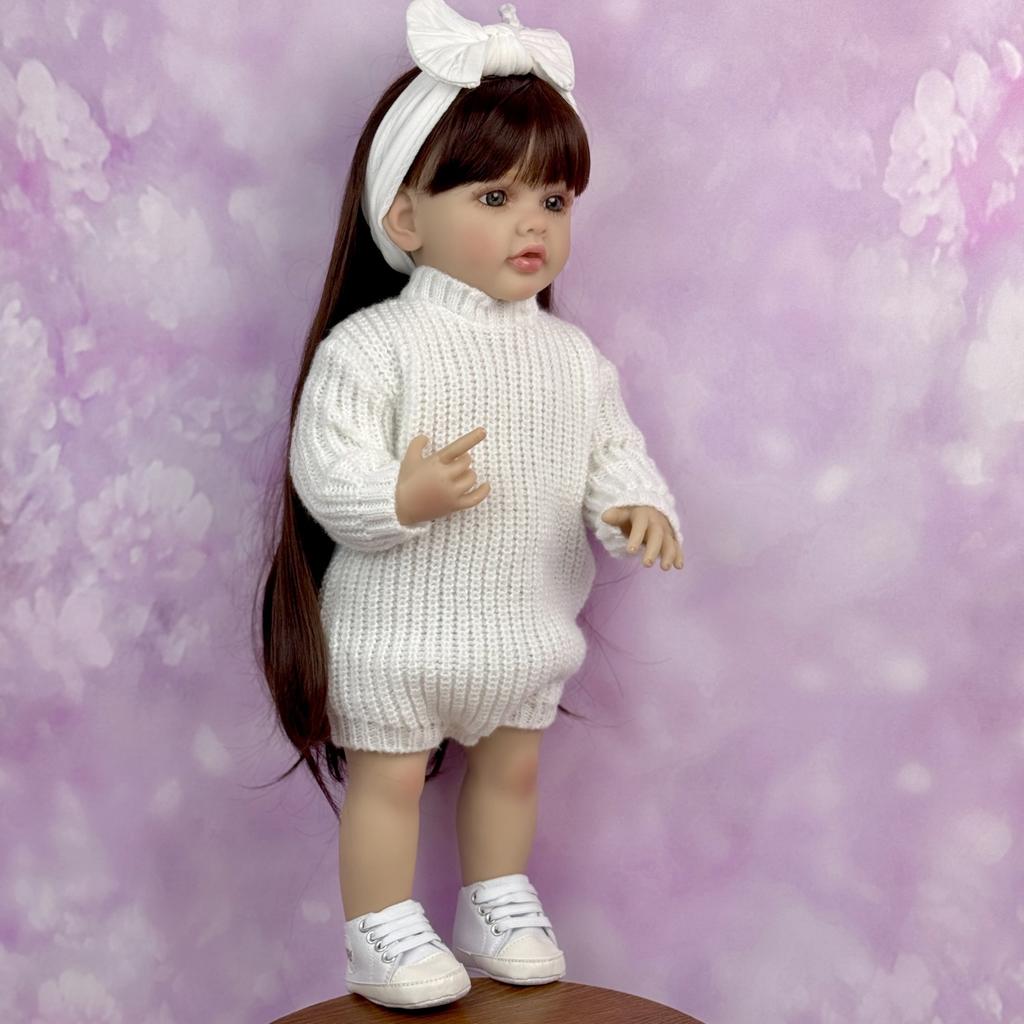 BZDOLL 55CM 22Inch Full Vinyl Body Reborn Baby Girl Doll Dress Up Brown Long Hair Princess Toddler Doll For Child Lovely Birthday Gift Handmade Toy
