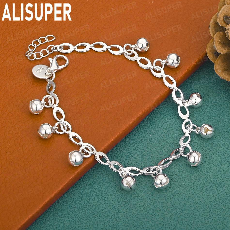 925 Sterling Silver Charm Bell Side Chain Exquisite Bracelet Gift Jewelry 20CM