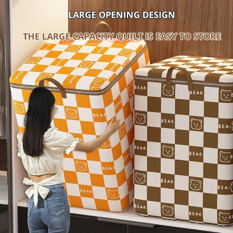 

1Pc Portable Large Capacity Quilt Storage Bag Cute Bear Plaid Pattern Clothes Organizer Perfect Home Moving Storage Bag 56X45X56cm