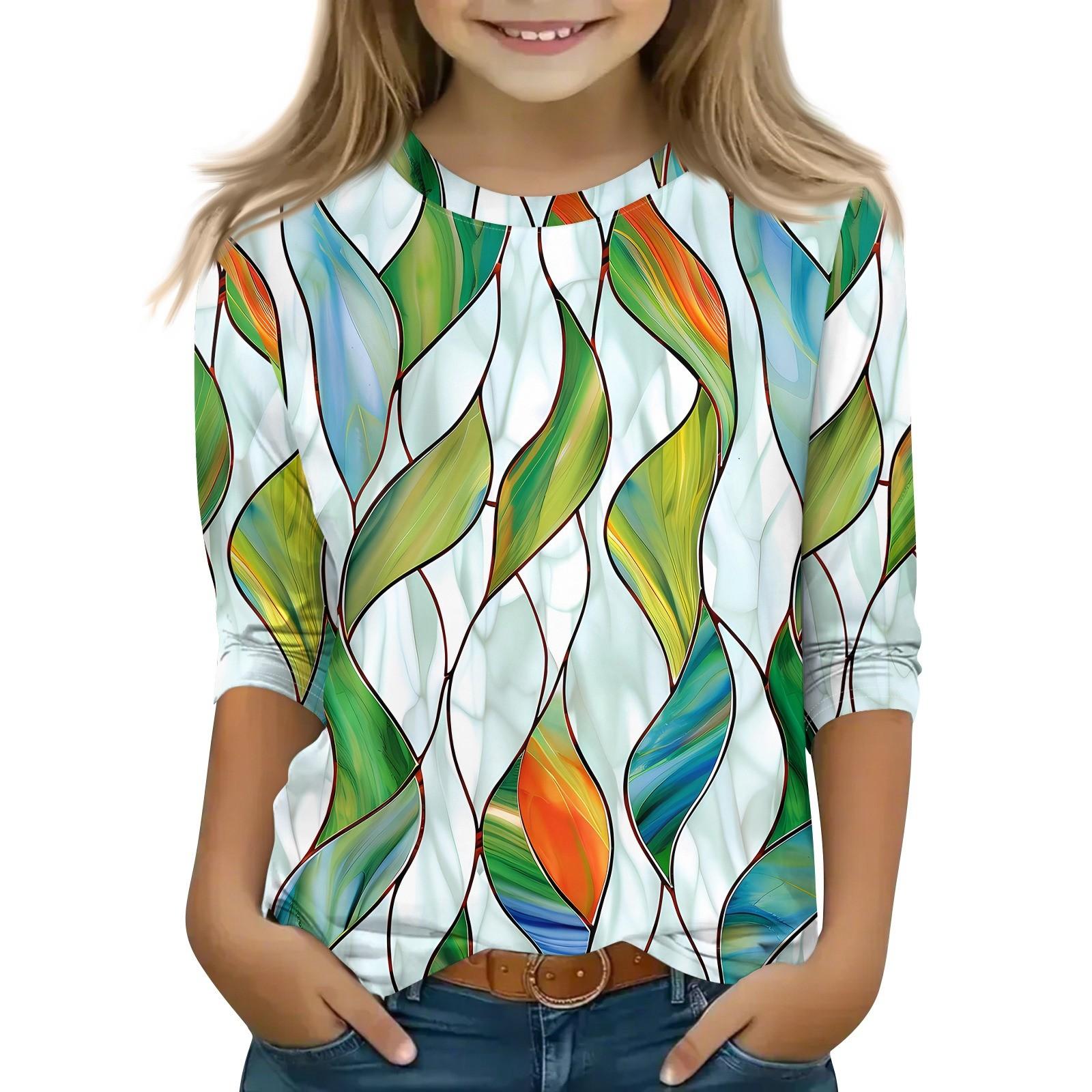 

Детская футболка с рукавом 3/4, повседневная футболка с принтом, круглый вырез, блузка-пуловер 150 зелёный