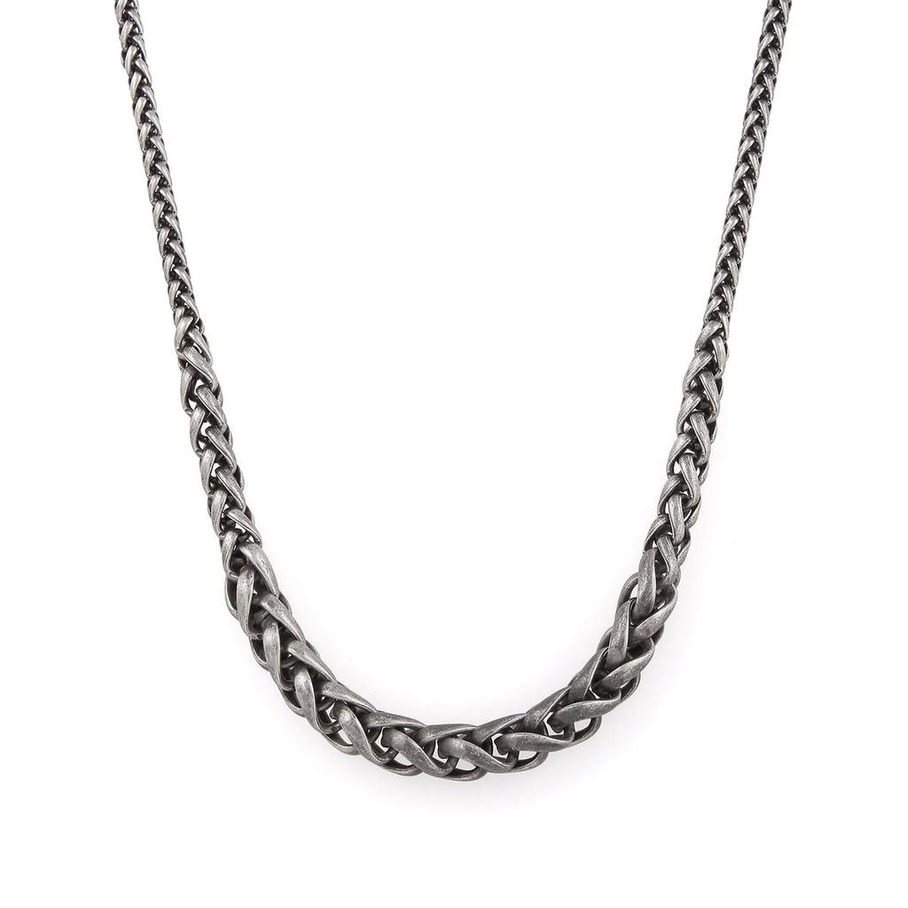 Paul Smith Men's Flat Link Chain Necklace Oxidised Silver Tone Graduated Chain with Logo Plate Hook Clasp Accent