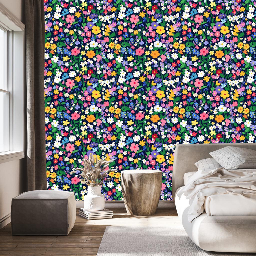Wallpaper Small Flowers Blue and Navy Blue for Living Room and Bedroom 50x1000