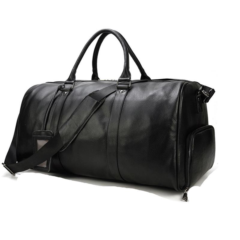 Men's Leather Travel Bag With Dry Wet Separation Black Cowhide Luggage Bag Large Capacity With Shoe Compartment Hand-held Fitness Bag