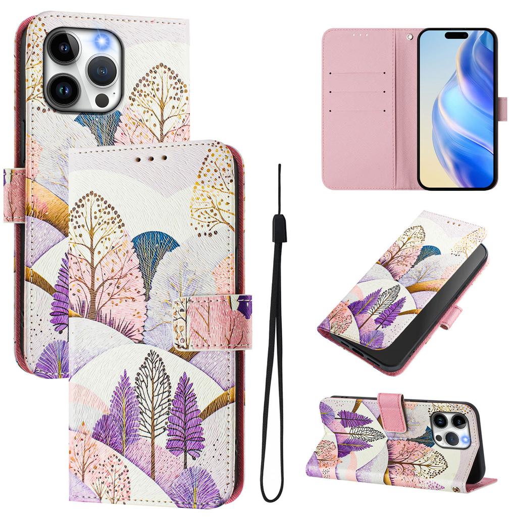 For iPhone 15 Pro Max Case Pattern Printing Wallet Phone Cover with Strap