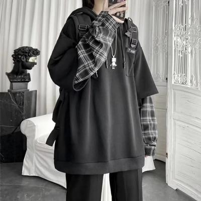 Pánské oblečení Falešné dva kusy Mikiny Patchwork Kostkované S kapucí Oversized Topy Oblečení pro ženy Harajuku Ležérní Mikina