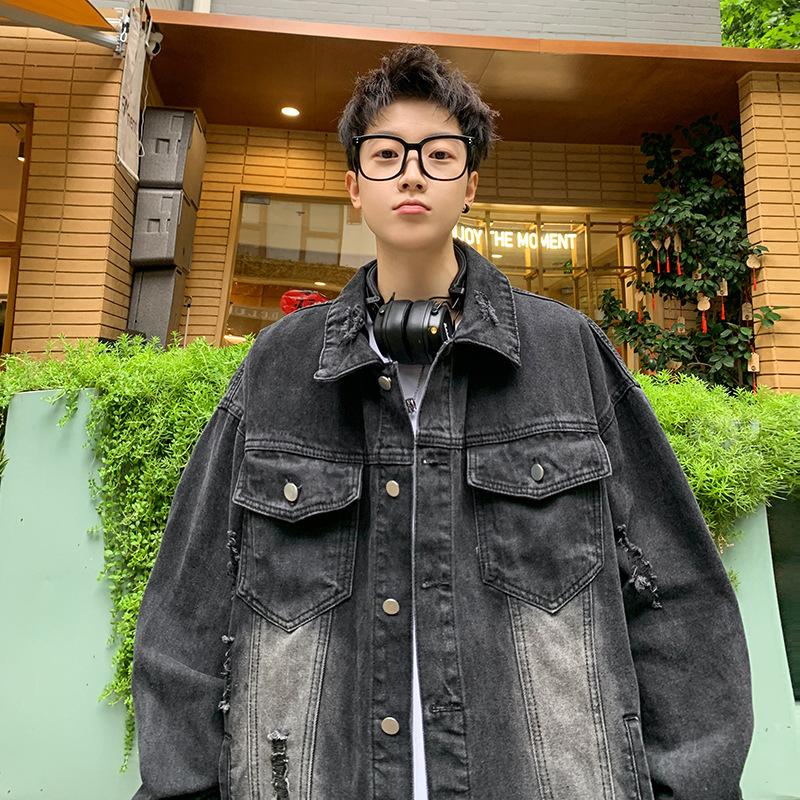 

Потертая старая рваная джинсовая куртка мужская весенне-осенняя подростковая модная брендовая хулиганская красивая американская куртка ретро топ 3XL чёрный