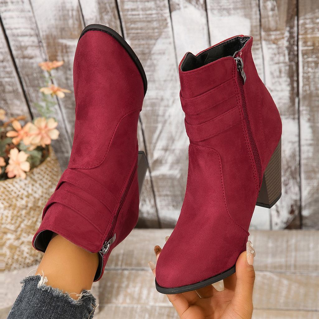Large Size Women's Shoes Thick Heel Short Boots Autumn and Winter Belt Buckle High Heel Bare Boots Side Zipper Martin Boots Women