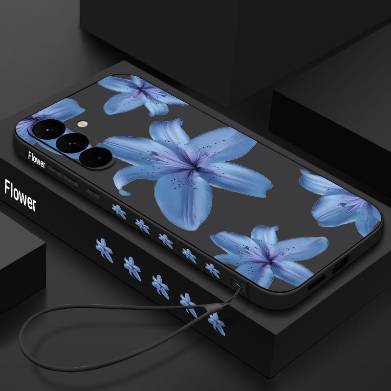Blue Lily Printed Phone Case For Samsung Galaxy A17 A56 A16 A55 A15 A25 A36 A26 5G S25 Edge S23 S24 Ultra S24 S25 FE TPU Lanyard Cover