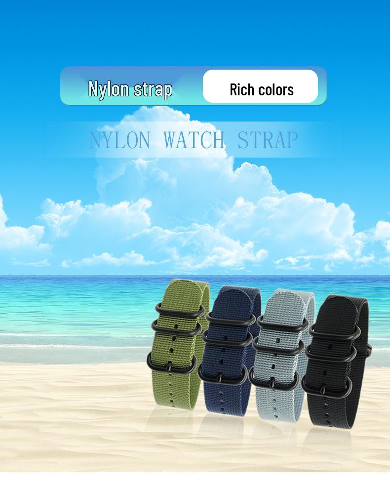One-Piece Five-Ring Nylon Watch Strap with Frosted Silver & Black Buckles (18-20-22mm)