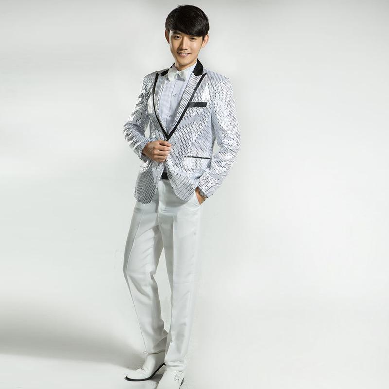 Men's Psy Style Sequin Performance Costume for Emcee, Singer, Choir, or Art Exam