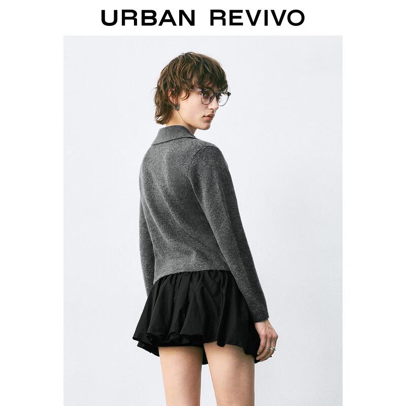 UR Women's Simple Grey Polo Collar Double Zipper Knit Cardigan
