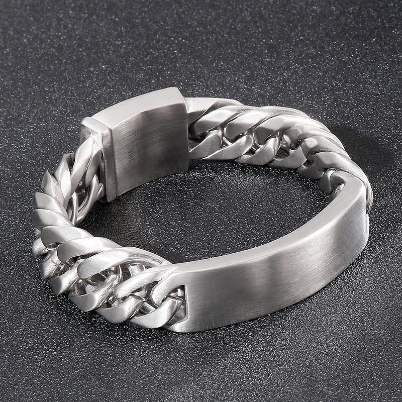 Mens Stainless Steel Large Link Chain Bracelet with Custom Logo Plate Matt Finish 16mm Wide Engraving Name Bar Bracelets