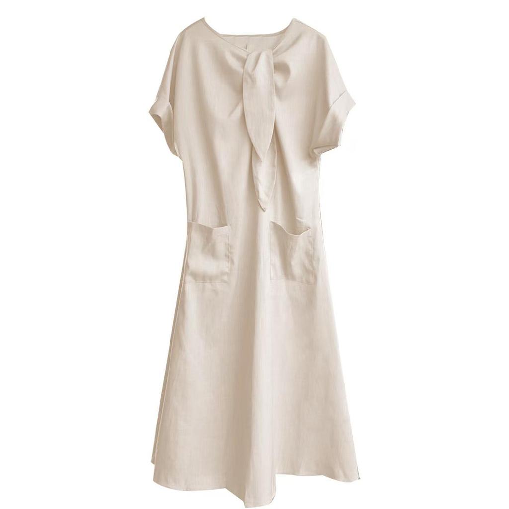 2025 Summer Elegant Plus Size Loose Long Dress with Bow Pockets and Short Sleeves