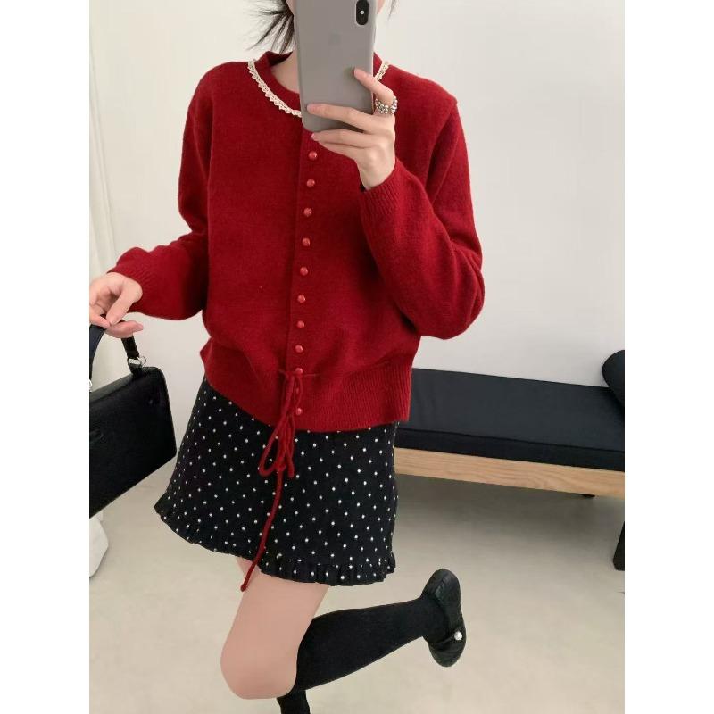 

Свитер с длинным рукавом на кулиске «Нежный ветер» для женщин 2 новых модели осень-зима, дизайн с оборками на талии и тонкий, вязаный топ для женщин average size красный