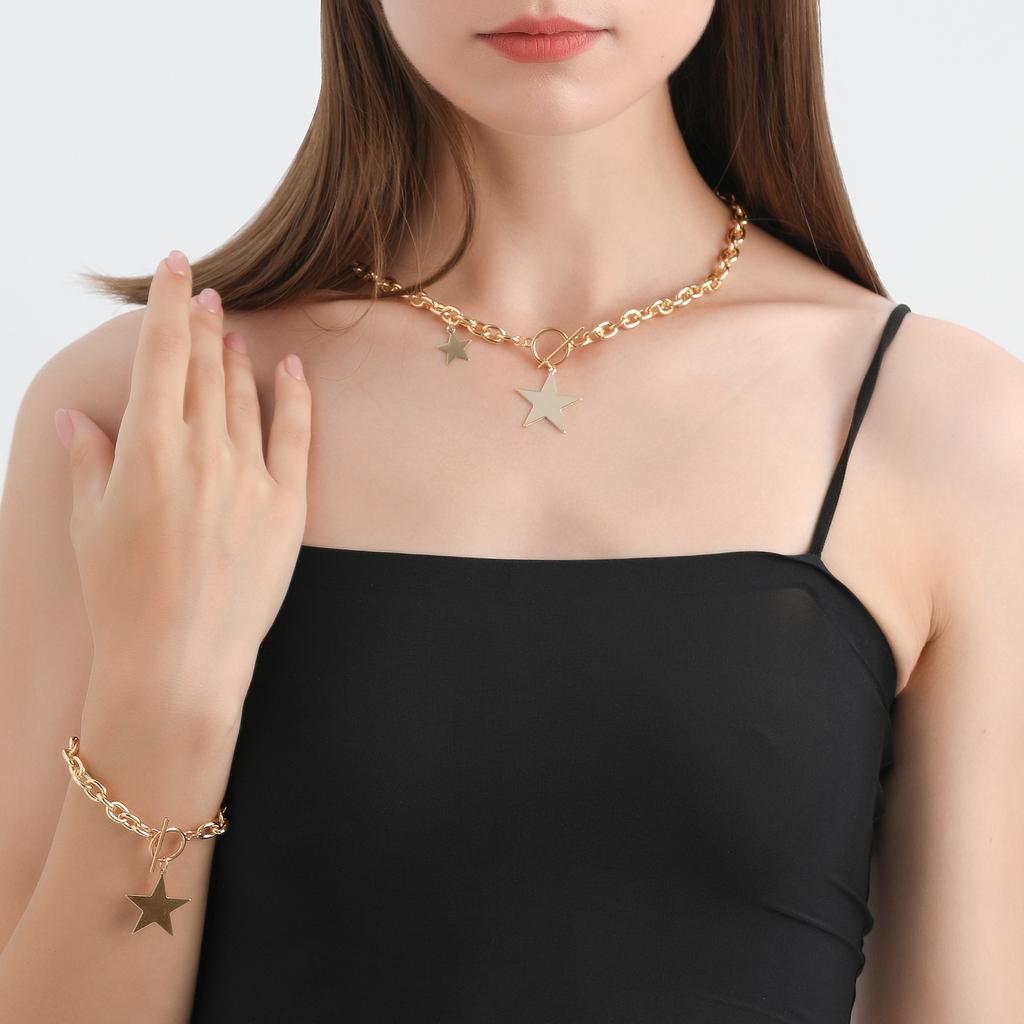 European and American Simple Geometric Rough Aluminum Chain Pentagram Pendant Single-layer Women's Necklace Bracelet Set Spice Girl