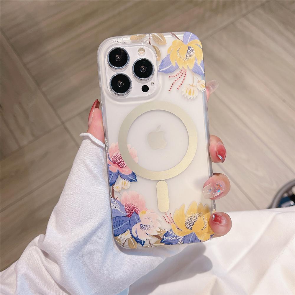 Scrub Floral For Magnetic Wireless Charge Case For For Iphone 17 Air 16 15 14 13 12 11 Pro Max Plus Shockproof Acrylic Cover
