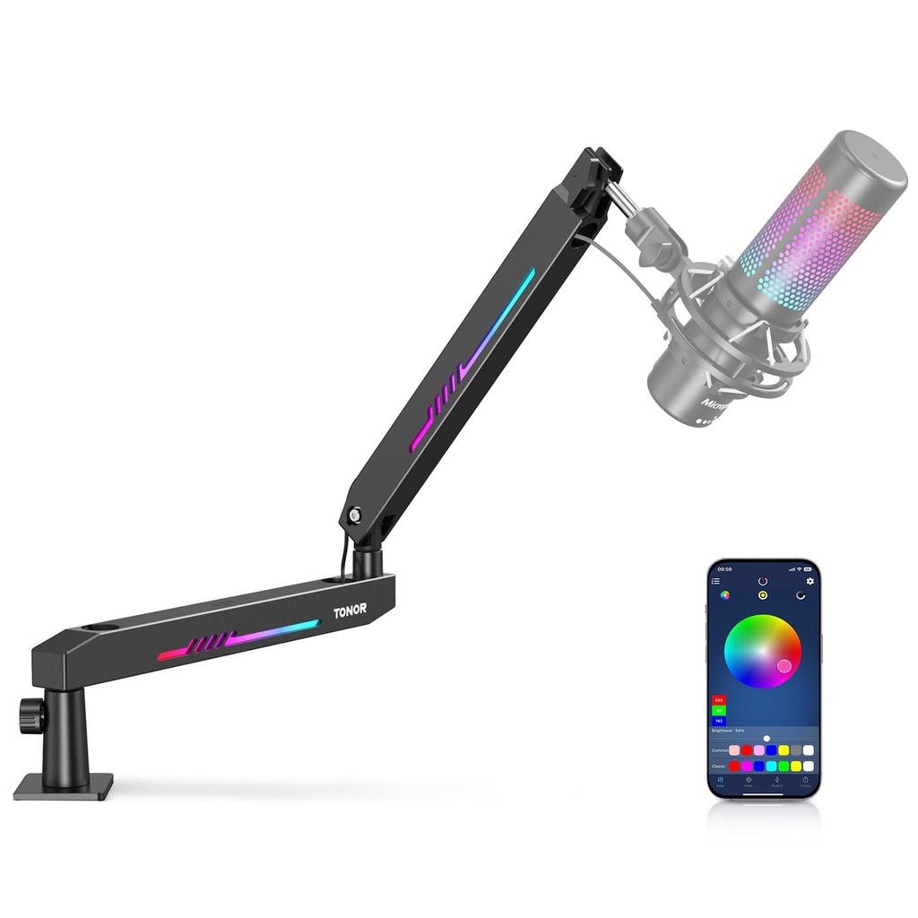 TONOR T90LP Metal Microphone Arm, Tabletop Microphone Stand with Controllable RGB Lighting and Cable Management, Compatible with HyperX Quadcast and