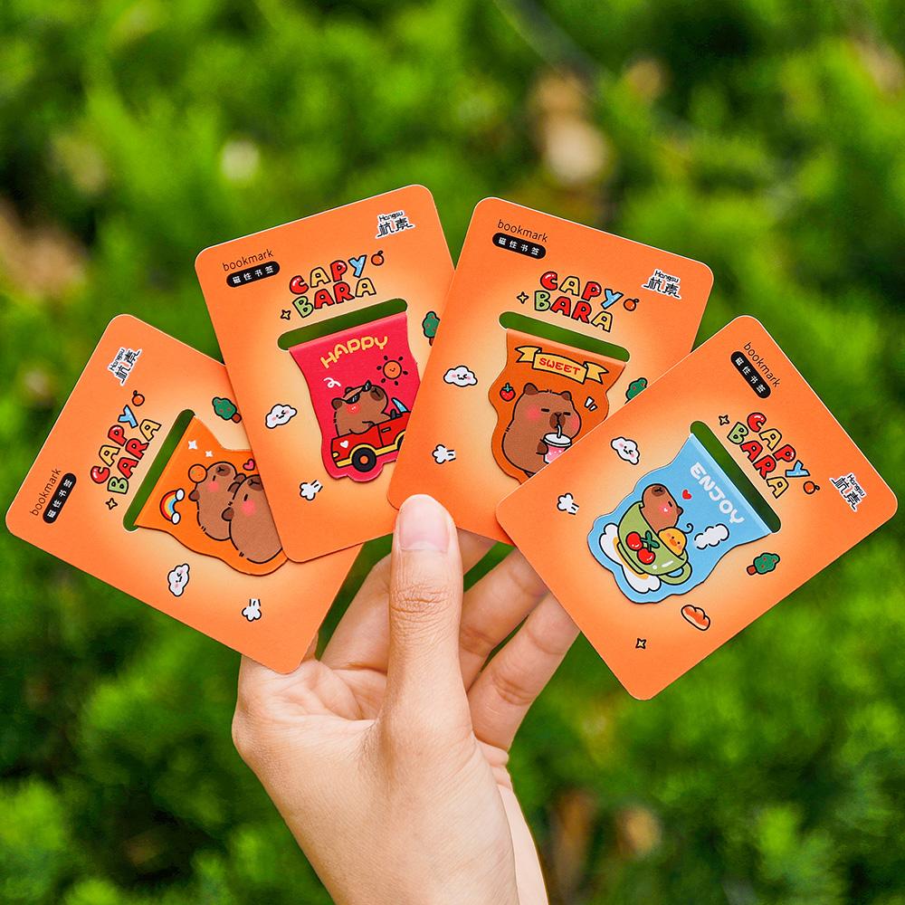 4pcs Capybara Bookmarks Set for Books Cartoon Magnetic Page Clips Holder Marker Unique Reading Gift