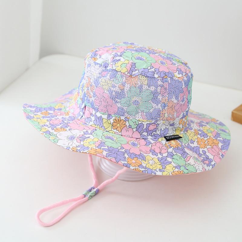 6-8Y Kids Summer Mesh Breathable Fisherman Hat Sweet Floral Strawberry Print Children Girls Sunshade Panama Cap Wide Brim Sunscreen Bucket Hats