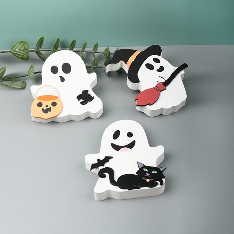 Set Of 3 Halloween Wood Specters Figures Ornament Table Signs for Tiered Tray and Shelf Decoration Desktop Adorment