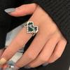 Sterling Stunning S925 Silver Deep Dark Green Mosaic Heart Open Adjustable Ring Women For