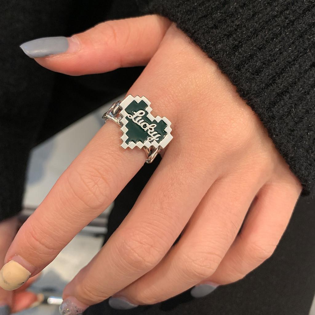 Sterling Stunning S925 Silver Deep Dark Green Mosaic Heart Open Adjustable Ring Women For