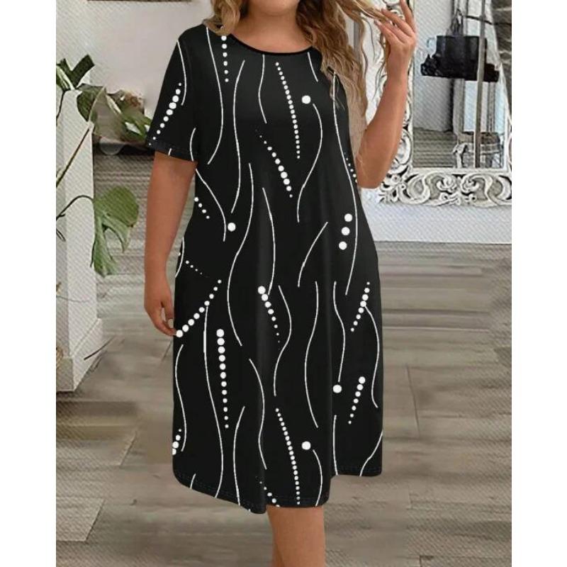 Oversized Women Midi Dress Summer Short Sleeve Print Chic Loose Pullover Robe Female Koreon Fashion Casual Vintage Dresses 2025