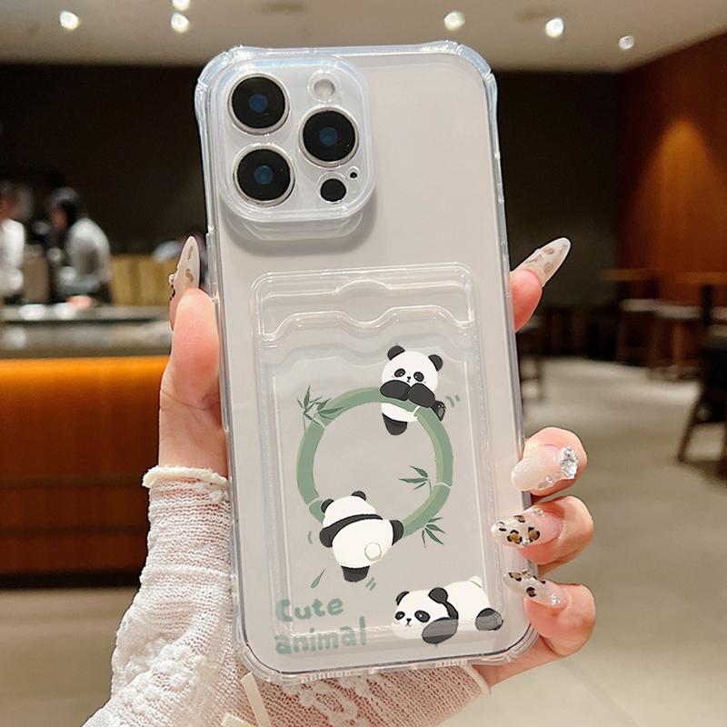 Card Slot Pocket Clear TPU Case For iPhone 17 16 Pro 17e 16e 15 14 13 12 Pro Max 11 Cartoon Panda Soft Silicone Phone Back Cover