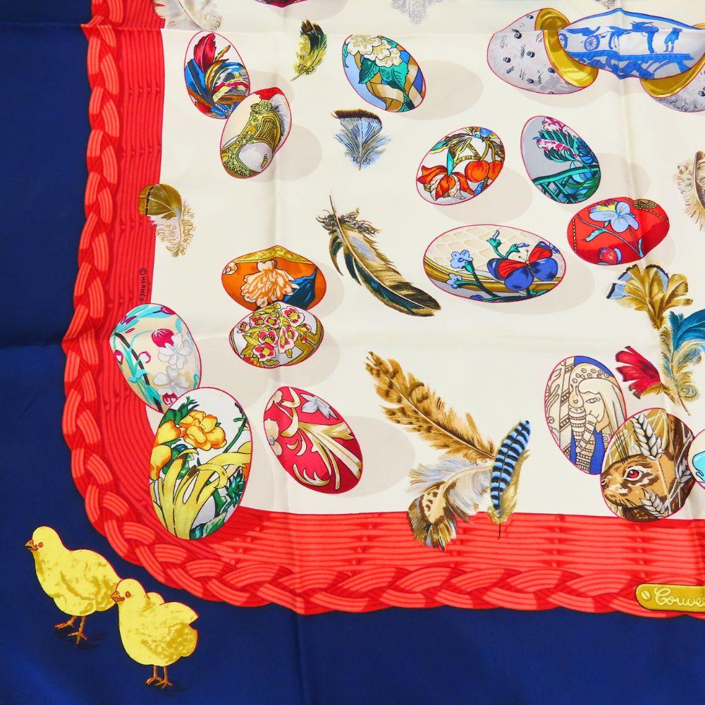 Used HERMES scarf Calle 90 COUVEE D'HERMES Hermes egg silk Navy white Fashionable