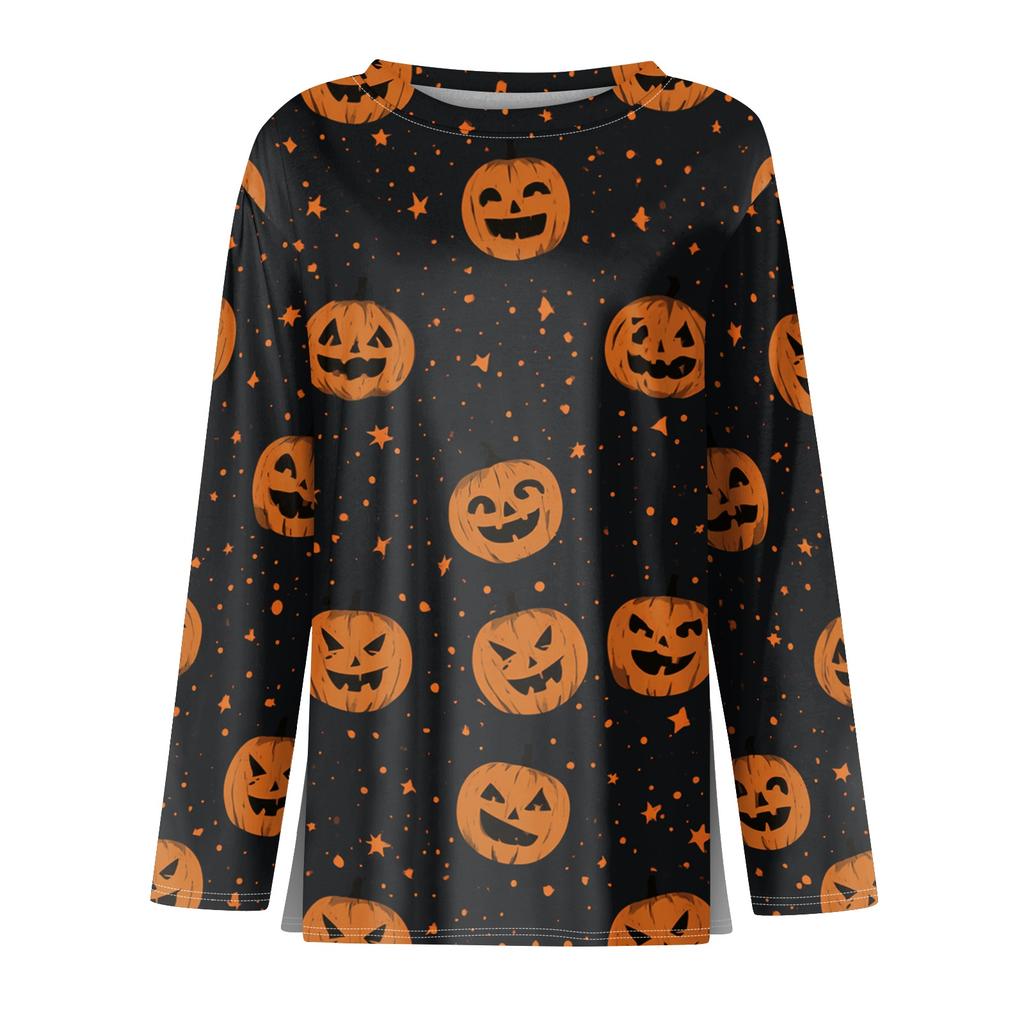 Women's Halloween Print Long Sleeve Round Neck Top with Split Hem