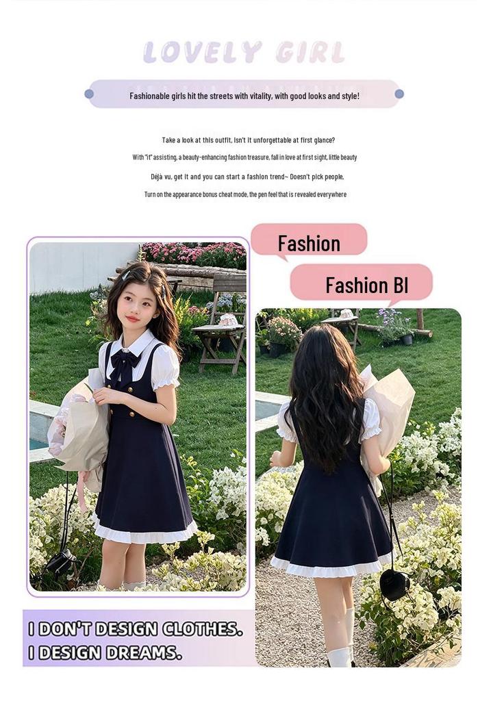 Elegante Vestito Estivo da Bambina con Fiocco e Gonna a Camicia a Maniche Corte