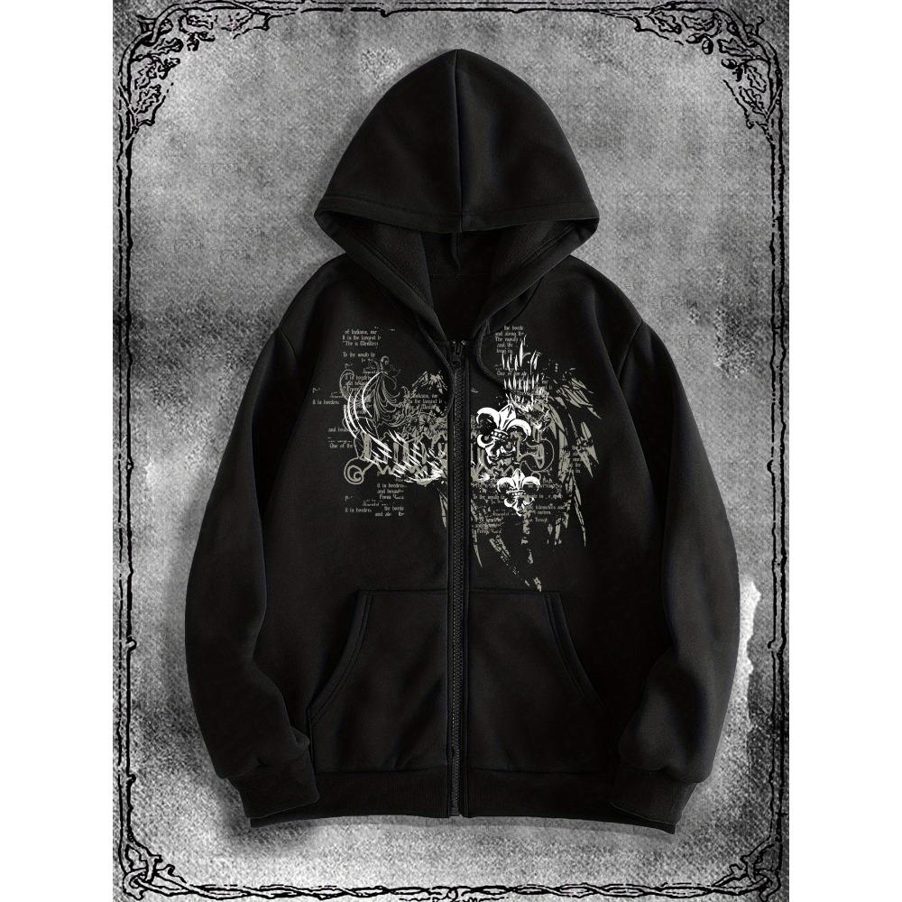 Men's Unique Gothic Zipper Hoodie - Black with White Gothic Art Print, Casual Streetwear Hoodie Bold Pattern Design, Durable Fabric