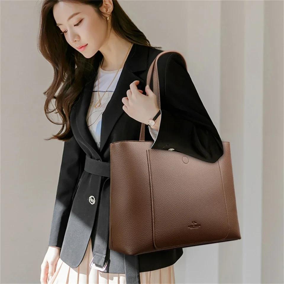 Genuine Brand Soft Leather Shoulder Bag For Women Luxury Designer Casual Tote Bag Ladies Purse Shopping Commuting