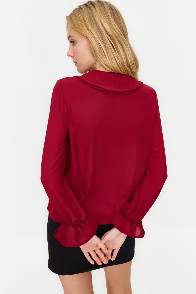 Damenmode Neues Hemd Lila Kragen Detailliertes Rüschen Webhemd