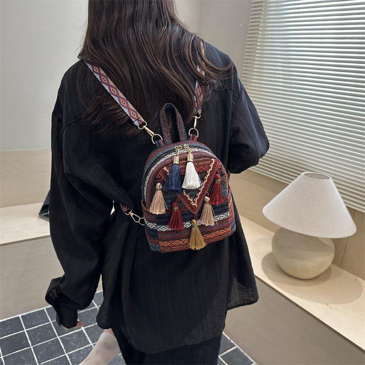 Schoolbag Retro Ethnic Style Girls Small Backpack Fashion Fringed Design Trend Versatile Small Backpack Messenger Bag Multi-purpose Bag